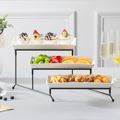 MALACASA 3 Tier Serving Trays for Party, Porcelain Serving Platters and Trays, 12 Inch Tiered Tray Stand, Fruit Tray, Trays for Serving Food, White Dessert Stand with Collapsible Sturdier Metal Rack - Image 5