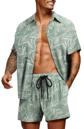 COOFANDY Men's Flower Shirt Hawaiian Sets Casual Button Down Short Sleeve Shirt Summer Beach 2 Piece Short Set - Image 1