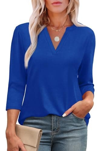 OFEEFAN Summer Tops for Women 2025 Trendy 3/4 Sleeve T Shirts Work Blouses Businsee Casual Loose Fit Blue XL - Image 1