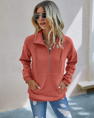 PRETTYGARDEN Women's Casual Long Sleeve Lapel Zipper Sweatshirt Drawstring Loose Pullover Tops (Orange Red, X-Large) - Image 2