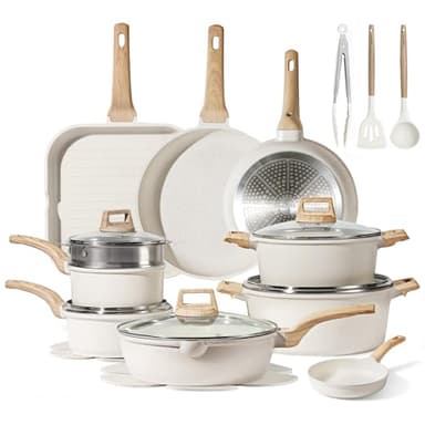CAROTE 22pcs Pots and Pans Set Nonstick, Cookware Set White Granite Induction Kitchen Cooking Set w/Frying Pans & Saucepans& Grill Pan(PFOS, PFOA Free) - Image 1