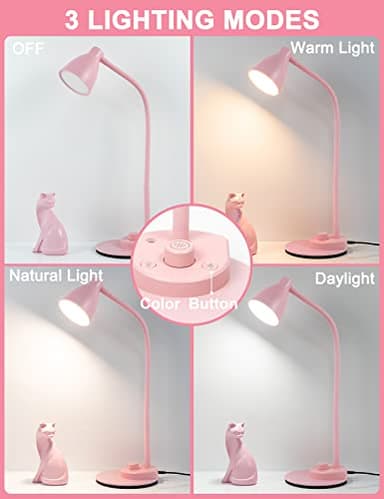 BOHON Cute Desk Lamp with USB Charging Port, Pink Lamp 3 Color Modes Dimmable LED Reading Lamp, Flexible Gooseneck Auto Dimming Table Task Light for Home Office Dorm Bedside, Pink - Image 2