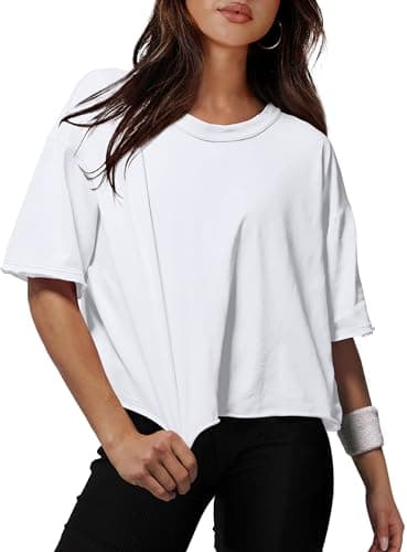 White Crop Tops Women's Summer Short Sleeve Drop Shoulder Cotton T-Shirts Workout Oversized Tops M - Image 1