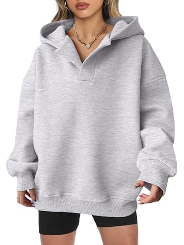ANRABESS Womens Oversized Hoodies V Neck Sweatshirts Fleece Long Sleeve Pullover Y2K Clothes 2025 Fall Trendy Outfits Light Gray L - Image 1