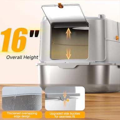 Stainless Steel Cat Litter Box with Lid, XL Extra Large Metal Litter Box for Big Cats, 180° Flip Cover Enclosed Top Entry Litter Boxs with High Sided Enclosure & Scoop, Non-Sticky, Anti-Leakage - Image 2