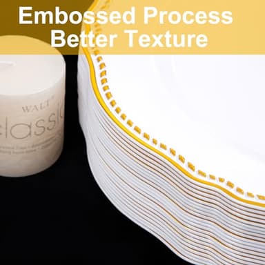 Hioasis 60pcs Gold Plastic Plates - White and Gold Disposable Dinnerware with Gold Rim, Heavy-duty, 10.25 inch, Dinner Plates for Party & Wedding - Image 3