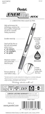 Pentel EnerGel RTX Retractable Liquid Gel Pen, (0.3mm), Needle Tip, Extra Fine Line, Blue Ink, Pack of 3 (BLN73BP3C - Image 3