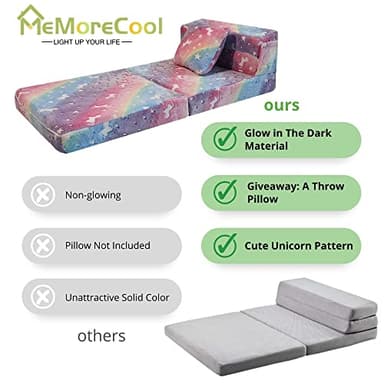 MeMoreCool Glow Rainbow Unicorn Tri-fold Sofa Bed for Kids, Foldable Futon Mattress, Chair, and Floor Couch for Playroom - Image 5