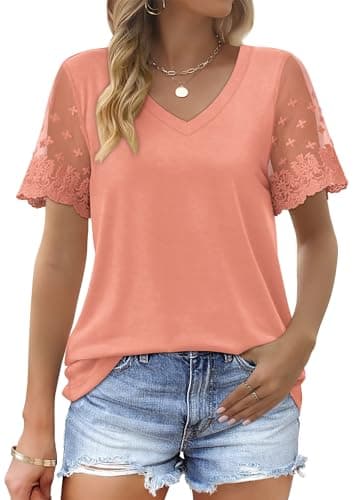 OFEEFAN Womens Summer Clothes V Neck T Shirts Loose Fit Holiday Shirts Casual Tops Coral XL - Image 1