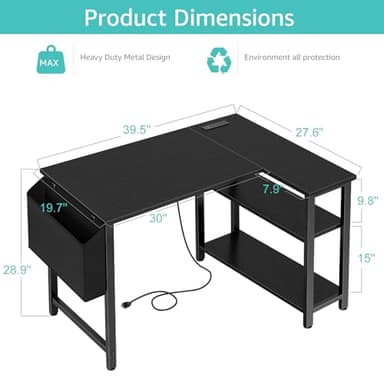 Lufeiya Small L Shaped Desk with Power Outlet Shelves, 40 Inch Corner Computer Desk for Small Space Home Office, L-Shaped Gaming Desk PC Desks with Charging Station, Black - Image 3