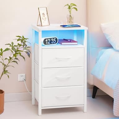 Yoobure Night Stand with Charging Station, 16 Colors LED Nightstand with USB Ports and Outlets, End Table with 3 Fabric Drawers and Storage Shelf, Bedside Tables Small Dresser for Small Space White - Image 2