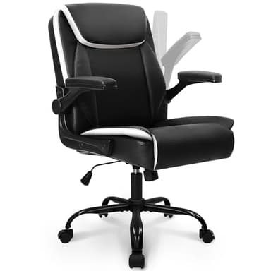 NEO CHAIR Office Desk Computer Chair Ergonomic Executive Mid-Back Leather Gaming Chair with Adjustable Flip-Up Armrests Wheels Swivel for Home Study Task (Black) - Image 1
