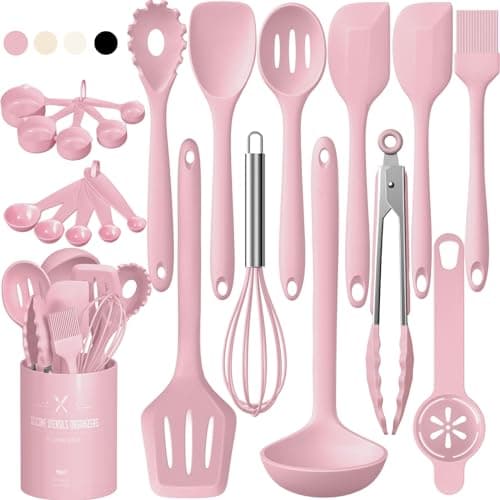 Umite Chef 22Pcs Silicone Cooking Utensils Set, Heat Resistant Silicone Kitchen Spatulas Set with Holder, Cooking Gadgets Tools Set for Nonstick Cookware, Dishwasher Safe(Pink) - Image 1