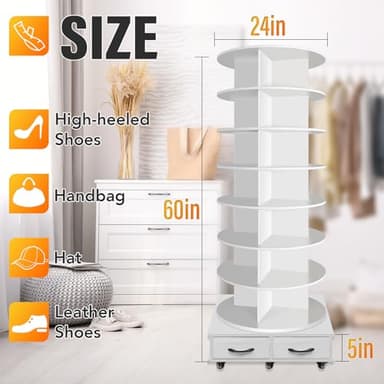 8 Tier Rotating Shoe Rack Tower contains 2 drawers, Spinning Shoe Rack Display Lazy Susan, Revolving 360 Shoe Racks Storage Round Carousel, Equipped with 5 Universal Wheels with Brake Function - Image 5
