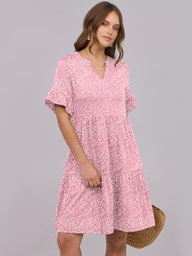 ANRABESS Womens Summer 2025 Trendy Ruffle Short Sleeve V Neck A Line Tiered Flowy Loose Casual Mini Beach Dress with Pockets Pink Floral XX-Large - Image 5
