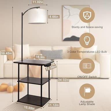 PESRAE Floor Lamp with Table, End Tables with Charging Station(USB & Type-C & AC Port), 3 Color Temperatures 9W LED Bulb, Modern Shelves Side Table for Bedroom, Living Room - Image 4