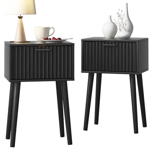 LAATOOREE Nightstands Set of 2, Small Side Table, Bedside Table with Fluted Door, Solid Wood Feet; Modern Mid-Century End Table for Bedroom, Small Space (Black) - Image 1