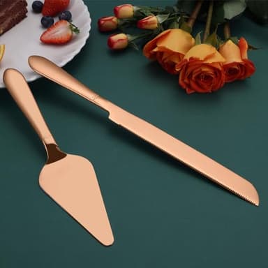 Wedding Cake Knife and Server Set, Integral Stainless Steel Longer Cake Cutter and Wider Pie Spatula, Elegant Cake Cutting Serving Set for Party Birthday Christmas Bridal Shower Set of 2, Rose Gold - Image 2