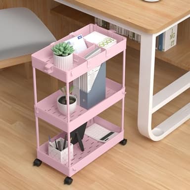 SPACELEAD 3 Tier Rolling Cart with Wheels, Storage Craft Art Trolley Organizer Serving, 3 Hanging Baskets Easy Assembly, for Office, Living Room, Kitchen, Pink - Image 5