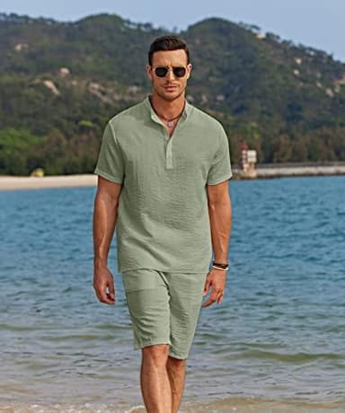 COOFANDY Men's 2 Pieces Linen Set Casual Henley Shirts Short Sleeve Beach Yoga Shorts Summer Pants Outfits - Image 6