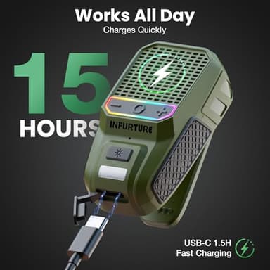 INFURTURE Wearable Bluetooth Speaker with RGB/Flashlight Clip On Bluetooth Speaker (Non-Magnetic)-Built-in Noise Reduction Mic for Hands-Free Music/Calls-for Work/Riding/Golf/Outdoor(Green) - Image 2