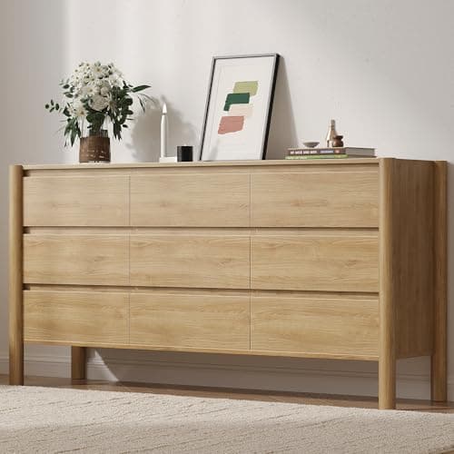 CHUWELL Dresser for Bedroom, 63" Wide Mid Century Modern Chest of Drawers with 9 Large Storage Space and 4 Solid Wood Cylindrical Legs, 9 Drawer Large Dresser for Bedroom(Oak) - Image 1