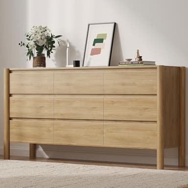 CHUWELL Dresser for Bedroom, 63" Wide Mid Century Modern Chest of Drawers with 9 Large Storage Space and 4 Solid Wood Cylindrical Legs, 9 Drawer Large Dresser for Bedroom(Oak) - Image 1