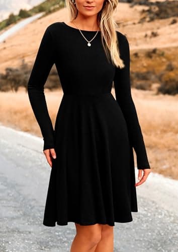 PRETTYGARDEN Women's Fall Short Dress Ribbed Knit Crewneck Long Sleeve A Line Flowy Casual Elegant Going Out Winter Dresses (Black,Medium) - Image 8