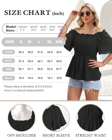 Bebonnie Off The Shoulder Tops: Blouses for Women Dressy Casual - Work Tops for Women Trendy - Ladies Trendy Cute Summer Spring Short Sleeve Polyester Blouse Flowy Peplum Tunics Black L - Image 6