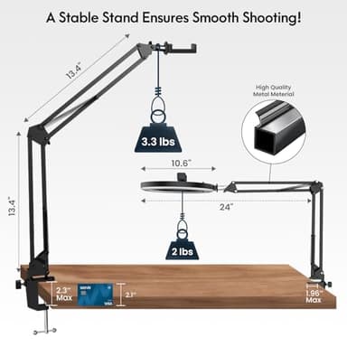 Overhead Camera Mount with Ring Light Phone Holder,10" LED Ring Light for Desk with Stand and Remote for iPhone,Phone Tripod with Light for Video Recording TikTok Live Stream Cooking Kitchen Vlogging - Image 3