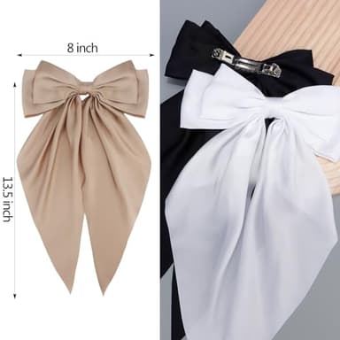 Velscrun 3Pcs Women's Hair Accessories Gifts: White, Black, and Khaki Oversized Satin Hair Bows with Long Tails, Barrettes, and Clips for Girls - Image 7
