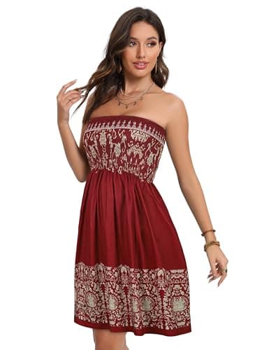 Strapless Sun Dresses for Women Short Swing Summer Dress Bandeau Beach Cover Up(Boho Red Yellow Print,XL) - Image 4