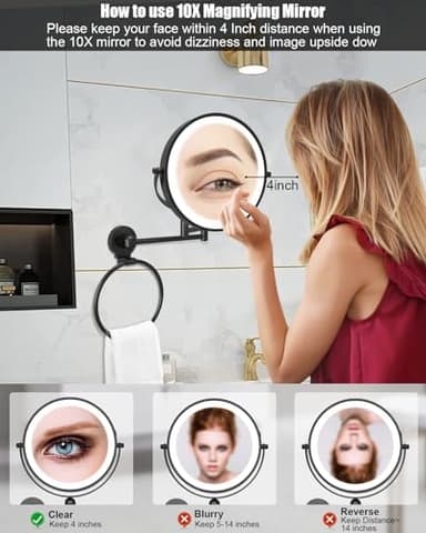 TOLOYE Height Adjustable Wall Mounted Makeup Mirror, Rechargeable Lighted Makeup Mirror 8 Inch Double Sided 1X/10X Magnifying Vanity Mirror with 3 Color Lights Dimmable 360 Swivel Extendable Arm - Image 5