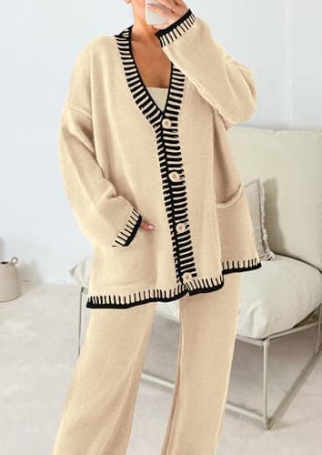 PRETTYGARDEN Lounge Sets for Women Fall 2025 Loungewear 2 Piece Outfits Cardigan Sweaters Track Suit Matching Winter Clothing (Beige,Small) - Image 7