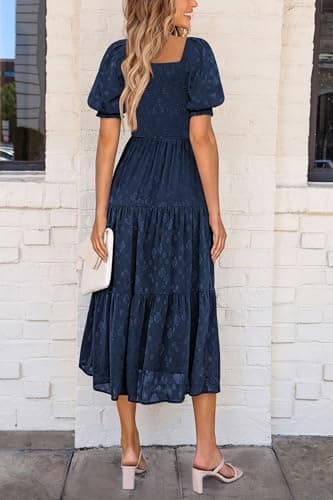 PRETTYGARDEN Women's 2026 Summer Casual Midi Dresses Square Neck Short Sleeve Smocked A Line Floral Flowy Elegant Boho Dress - Image 4
