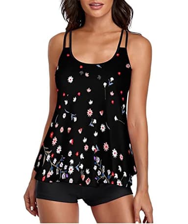 Urchics Womens 2025 Tankini Swimsuits Tummy Control Flowy Swimwear Two Piece Bathing Suits Swim Tank Top with Boyshorts Floral Black L - Image 1