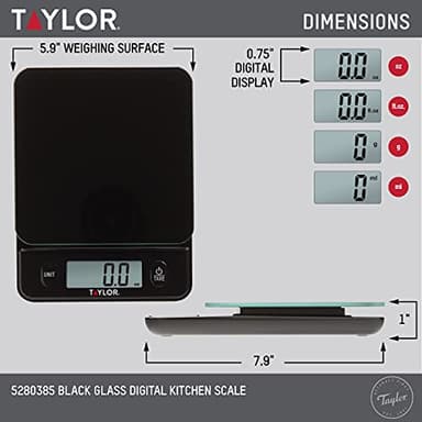 Taylor Glass Top Food Scale with Touch Controls, 11 lb Capacity, Sleek Black Design for Precision Food Measurement in Grams and Ounces - Image 3
