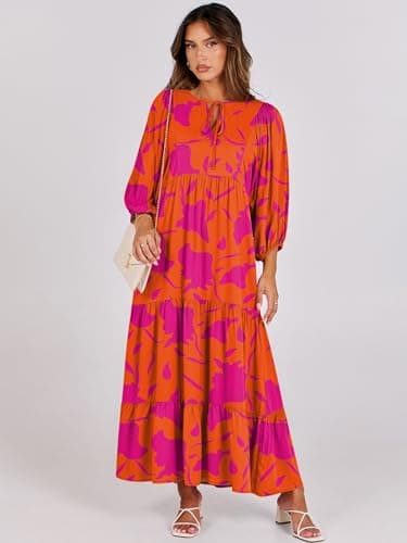 ANRABESS Womens Boho Maxi Dresses 2025 Summer V Neck Puff Sleeve Floral Flowy Swing Casual Long Dress Orange Rose Floral XX-Large - Image 6