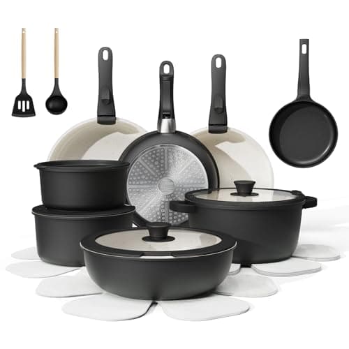 Bazova 23-Piece Removable Handle Pots and Pans Set Non Stick, Ceramic Cookware Set with Mini Egg Pan, Large Capacity, Non-Toxic, Induction & Oven Safe, Dishwasher Safe, RV Compatible, Black & White - Image 1
