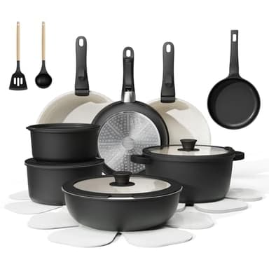 Bazova 23-Piece Removable Handle Pots and Pans Set Non Stick, Ceramic Cookware Set with Mini Egg Pan, Large Capacity, Non-Toxic, Induction & Oven Safe, Dishwasher Safe, RV Compatible, Black & White - Image 1