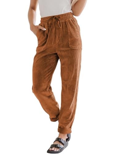 EVALESS Corduroy Pants for Women Casual Drawstring Elastic High Waist Straight Leg Harem Pants Fall Winter 2025 Loose Comfy Trousers with Pockets Orange Medium - Image 1