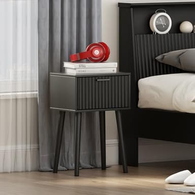 LAATOOREE Nightstands Set of 2, Small Side Table, Bedside Table with Fluted Door, Solid Wood Feet; Modern Mid-Century End Table for Bedroom, Small Space (Black) - Image 5