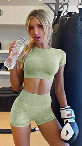 OLCHEE Womens Workout Sets 2 Piece - Seamless Acid Wash Yoga Outfits Leggings Shorts and Crop Top Matching Gym Activewear Athletic Clothing Set - Green Large - Image 5