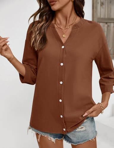 LOMON Womens Button Down Shirts 3/4 Sleeve Cotton Linen Roll Up Short Sleeve Tops V Neck Loose Work Blouse Brown XL - Image 5