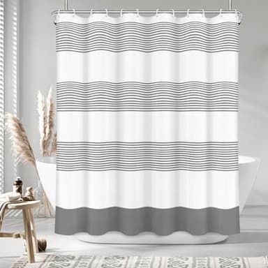 NECHEGI Shower Curtain Washable Cloth Bathroom Shower Curtain with 12 Hooks and Weighted Bottom, Fabric Rustic Striped Shower Curtain 72x72 Inches Grey - Image 1