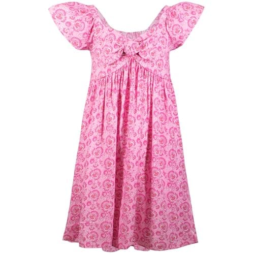 French Connection Girls All Over Print Soft Casual Dress - Flutter Sleeve Floral Print Smocked Summer Sundress with Bow for Kids (Rose, Size 7/8) - Image 1