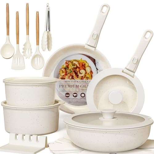 Astercook Ceramic Non-stick Cookware 21 Pcs Pots and Pans Set, Detachable Handle, RV Kitchen Non Stick Cooking Set Removable Handles, Oven Safe, Induction Ready, Stackable, Cream White - Image 1