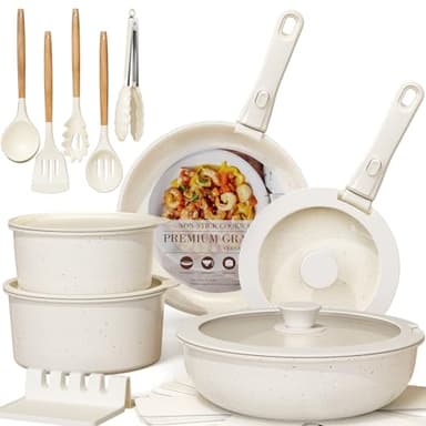 Astercook Ceramic Non-stick Cookware 21 Pcs Pots and Pans Set, Detachable Handle, RV Kitchen Non Stick Cooking Set Removable Handles, Oven Safe, Induction Ready, Stackable, Cream White - Image 1