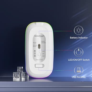 Uiosmuph LED Wireless Mouse, G12 Slim Rechargeable Wireless Silent Mouse, 2.4G Portable Optical Computer Mice with USB Receiver and Type C Adapter (Purple) - Image 5