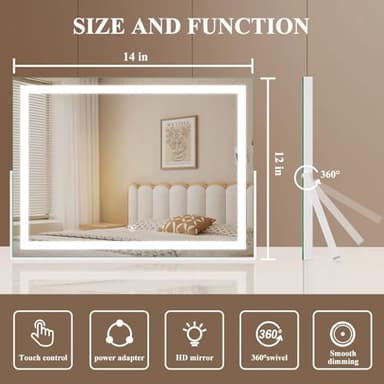 Gvnkvn Ligheted Vanity Mirror with Lights, 14" x 12" LED Makeup Mirror, 3 Modes Light, Smart Touch Control Dimmable, 360°Rotation, Rectangle White Frame - Image 2
